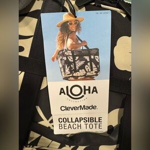 ALOHA collection collapsible beach tote. CleverMade. Black. White NWT